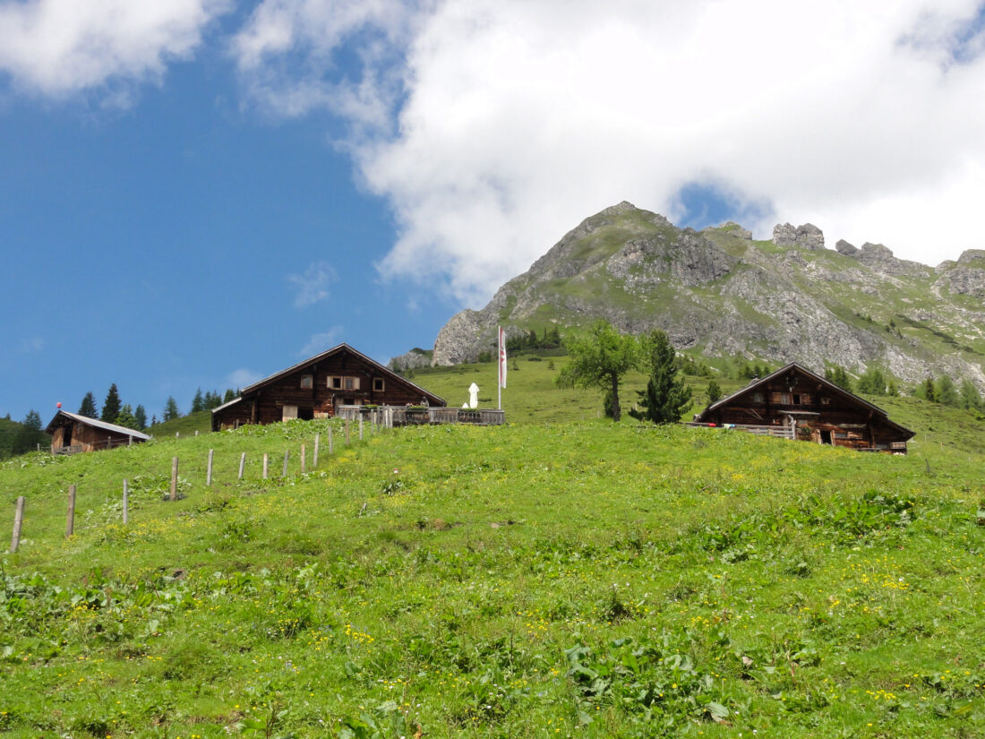 Arnoweg: die Hütten der Draugsteinalmen unter dem Gipfelaufbau des Draugstein